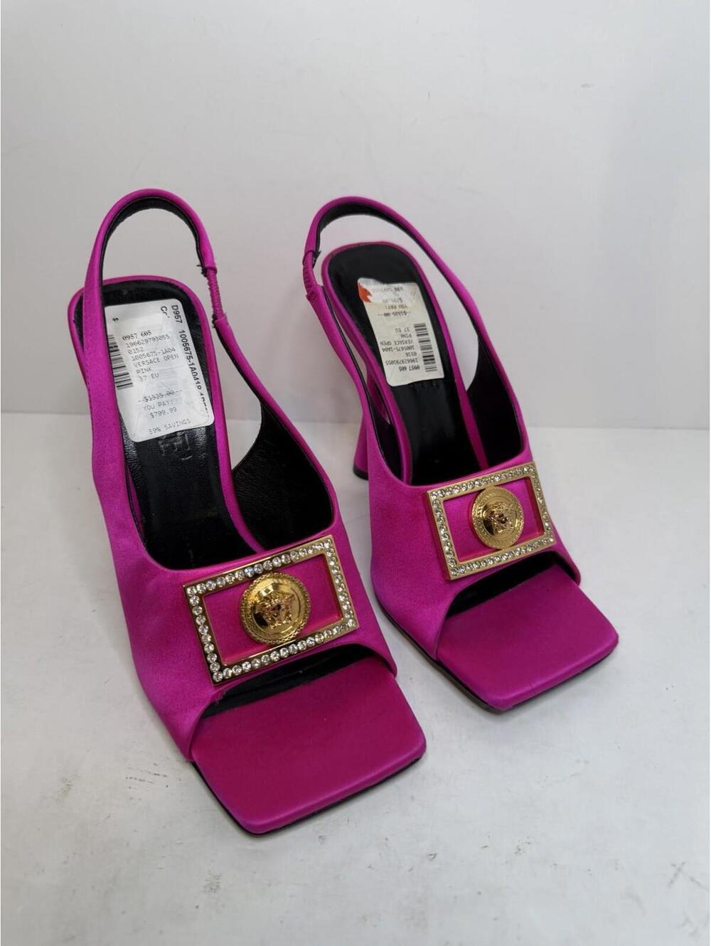Versace Crystal Square Toe Slingback Heels Pink SZ 37 EU New No Box
